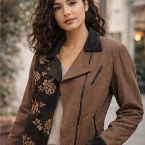 Max & Mabel‎ Patchwork Moto Jacket Women S/M Black Brown Floral Boho Zip Up